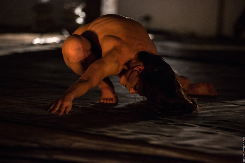 A naked woman crouches and hovers her arms above the floor. Her long hair drapes onto the floor.